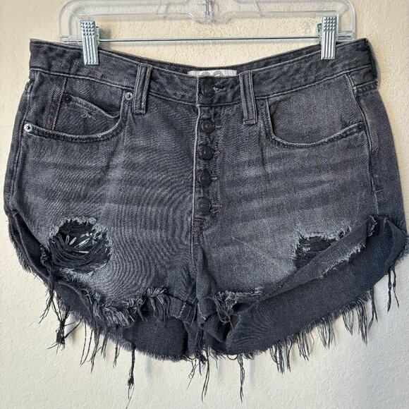 Free People Faded Distressed Frayed Hem Button Fly Gray Denim Shorts - Picture 1 of 8